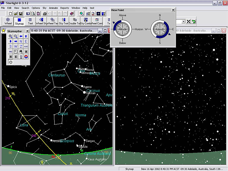 Two Views: With Starlight's multiple screens, you can set up two views of the night sky, one to match what you see, the other to show you the constellations, and star names. Now can you see Scorpio? Look at the stick figure, then look at the sky. Learn to see the constellations in the night sky.
