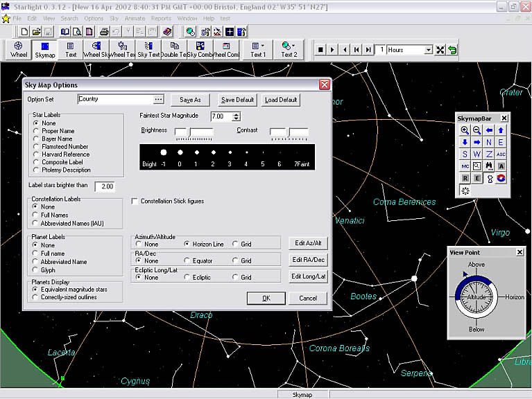 SkyMap Options: The Sky Map options and Sky Map tool bar, allows you to easily set, change, turn off and on all manner of variables, from the brightness and visibility of stars, to the names that are shown, to the spacing of any of the major celestial grids, to the manner in which the planets are displayed.